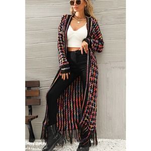 Open Front Knit Fringe Boho Long Duster Cardigan